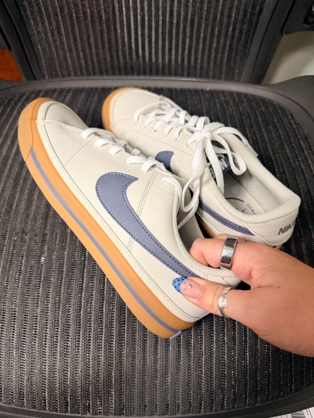 Nike Low-Top Sneakers in White with Blue Swoosh and Gum Sole